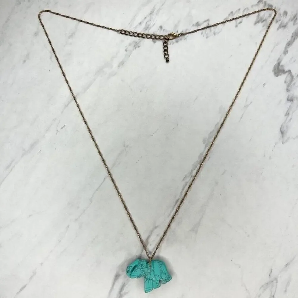 Gold Tone Faux Turquoise Trunk Up Good Luck Elephant Pendant Necklace